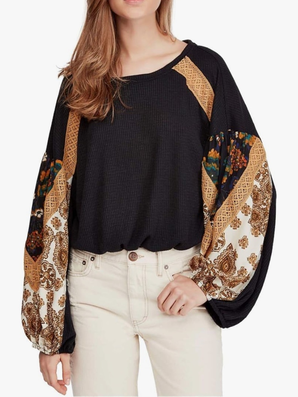 Free People Lightweight Textured Top Featuring Mixed Print Patches Wide Sleeves